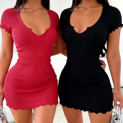 Women's Red Short Sleeve Sundress Solid Ruffle Trim Stretchy Ribbed Knit Bodycon Mini Dress Casual Party Clubwear Dress Outfits