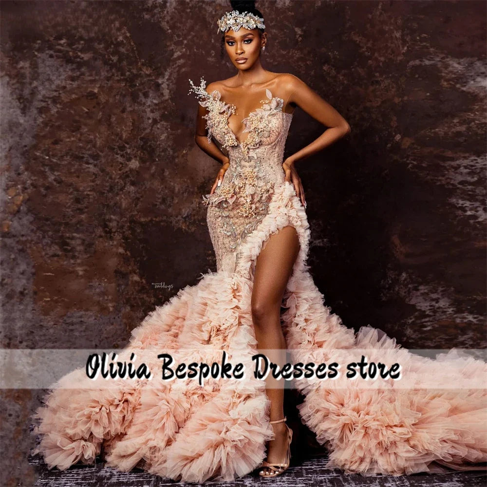 Romantic Pink Aso Ebi Prom Dress Beaded Rhinestones African Mermaid Wedding Party Gowns Split Tulle Ruched Train Customized