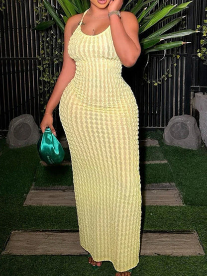 Sexy Stripe Ribbed Knit Slim Bodycon Maxi Dress Women Sleeveless Backless Long Popcorn NDress Elegant Club Party Vestidos