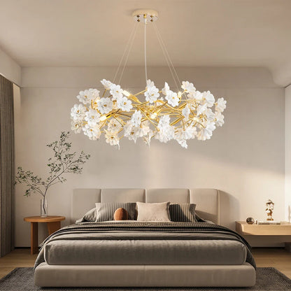 Gold Crystal Chandelier - Elegant Luxury Light Fixture with White Flower Design, 60cm & 80cm Sizes