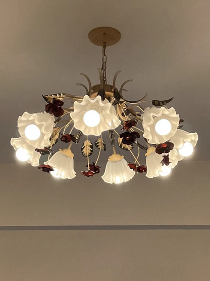Floral Chandelier with Red Rose Accents, Golden Vines & LED Lights - 4/6/9 Heads