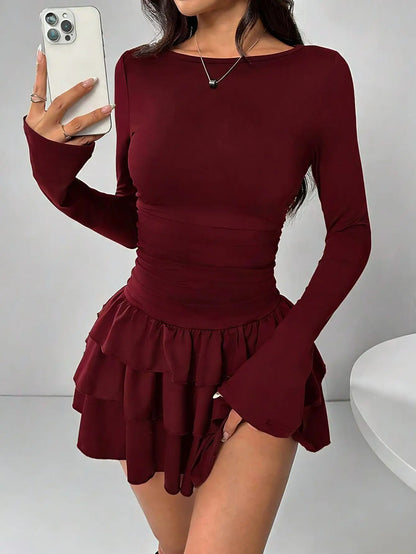Temperament Dresses 2025 Woman Mini vestidos Simple Style Elegant French Bodycon Slim Pleated Fashion Long Sleeve Commuting Sexy