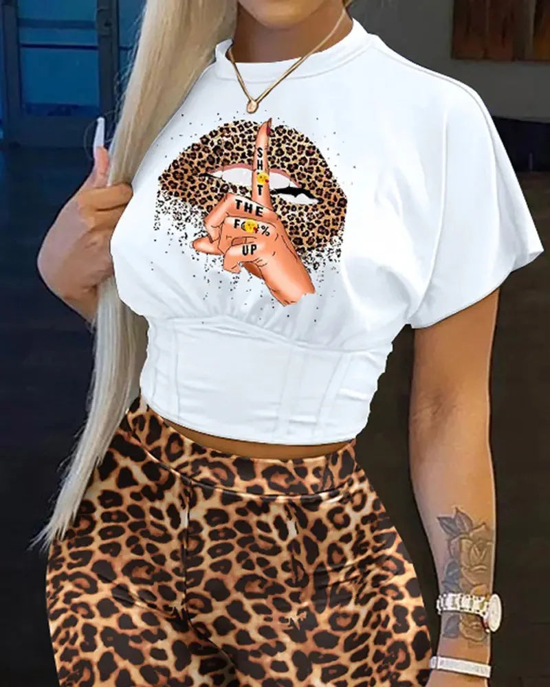 Casual O-neck Short Sleeve T-shirt Shorts Set Office Lady Summer Letter Print Tops Solid Shorts Two Piece Set Women Outfit 2024