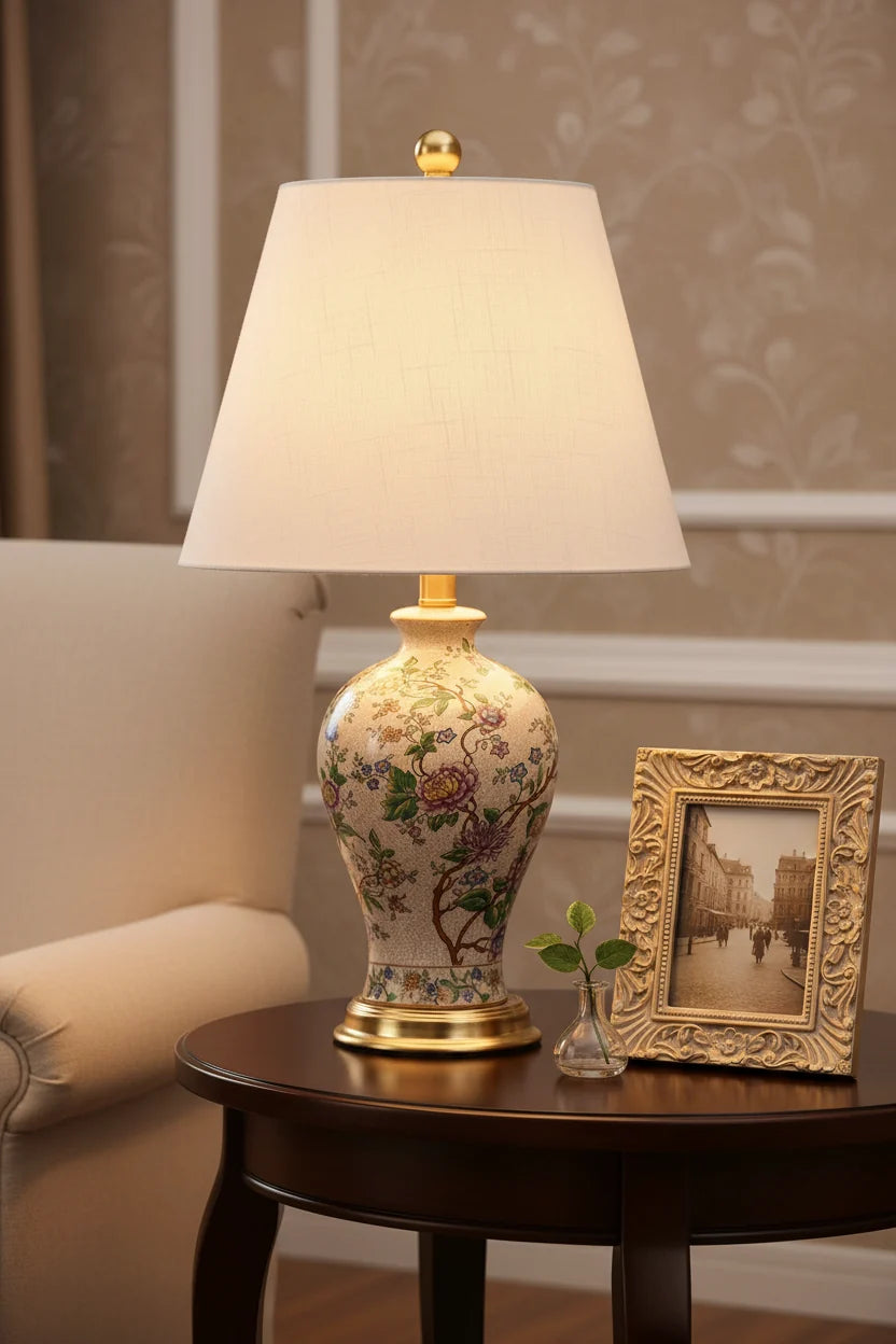 Elegant 24" Multicolor Table Lamp with Ceramic Floral Design & Gold Base - Home Decor Accent