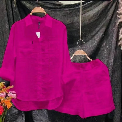 Fashion White Long Sleeve Shirt And Shorts Two Piece Sets Outfit Summer Cotton Linen Casual Home 2 Piece Set For Women Suits