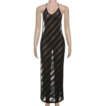 Mesh See Through Sexy Halter Party Club Maxi Split Dress Outfits Women Summer Sleeveless Backless Bodycon Long Dresses Vestido
