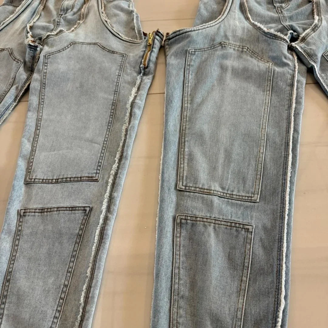 Jeans Women Straight Pants Hollow Out Zipper High Strecth Pockets Irregular Denims Vintage Distressed Streetwear 2025 Trousers