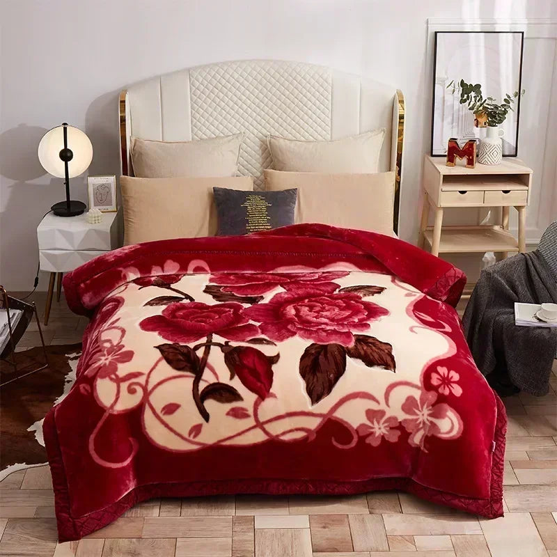 Korean Raschel 2-Ply Heavy Fleece Blanket, 78x90 Queen Size Reversible Geometric Plush Blanket
