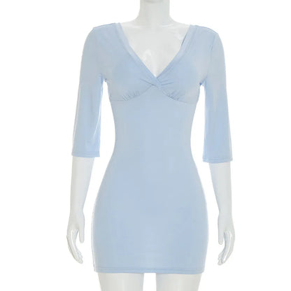 Absobe Women Twist V Neck Bodycon Mini Dress Slim Mid Sleeve Solid Color Sexy Y2K Casual Tee Dress Date Vacation Outfit 2026