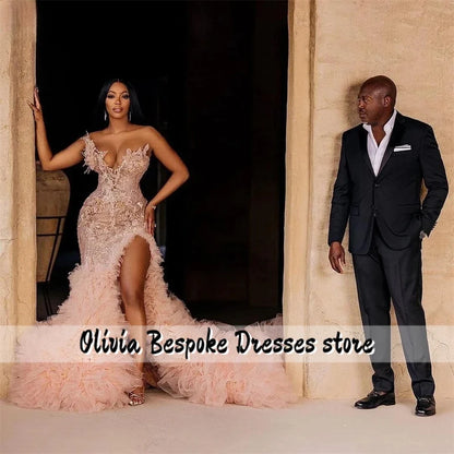 Romantic Pink Aso Ebi Prom Dress Beaded Rhinestones African Mermaid Wedding Party Gowns Split Tulle Ruched Train Customized