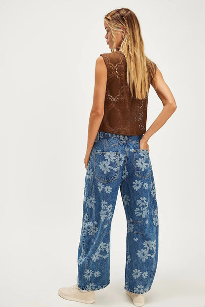 Boho Beach Blue Cotton Denim Jeans For Women Pants Casual loose Mid Waist Tube Shaped Women's Jeans Floral Printed Baggy Jeans