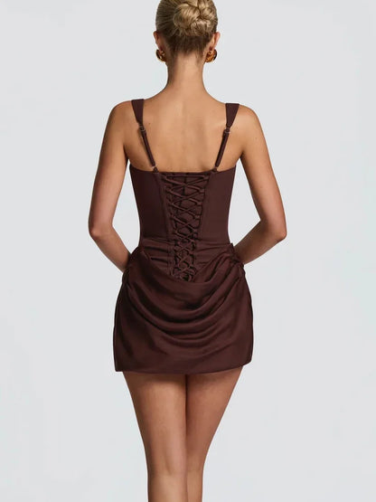 French Style Women Ruched Short Dress Fashion Summer Party Evening Gown Spaghetti Strap Bodycon Sexy Bandage Corset Mini Dress