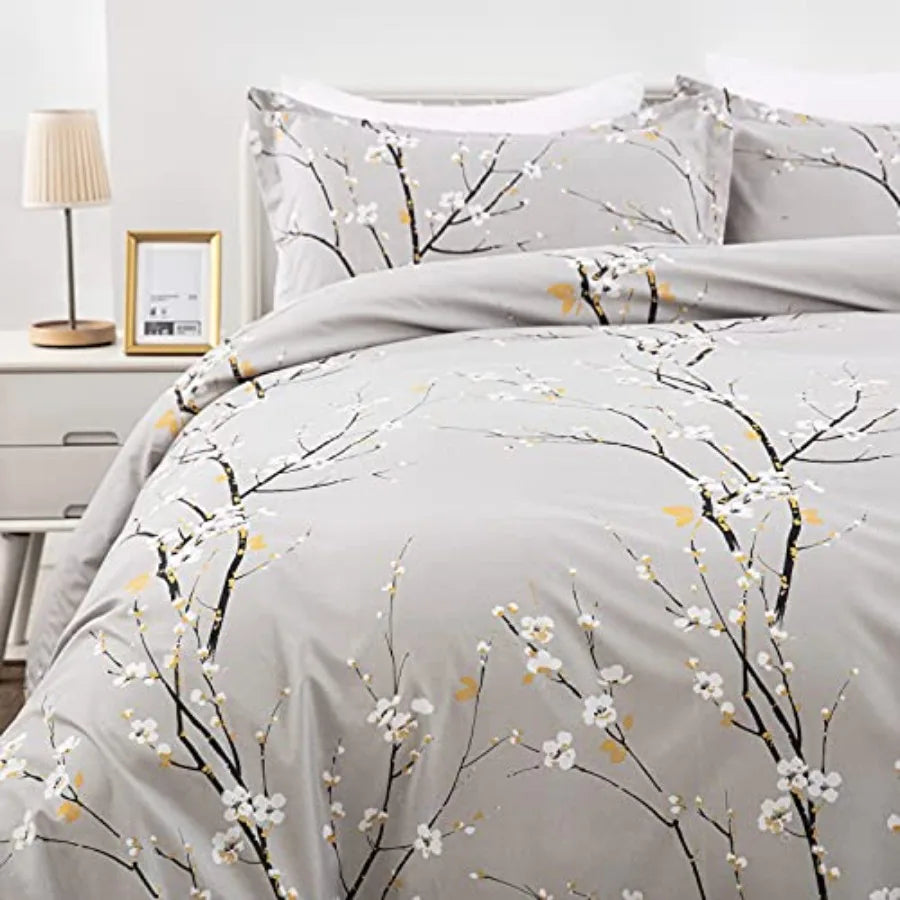 Sage Green Floral Duvet Cover Set Queen – Soft Microfiber, Modern Botanical Bedding with Yellow Accents