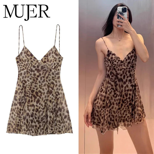 MUJER 2025 Tulle Mini Dress Woman Leopard Print Slip Dress Women Sexy Backless Short Dresses for Women Draped Party Dresses