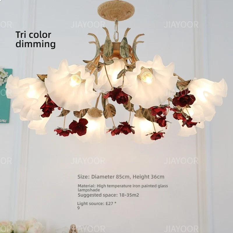 Floral Chandelier with Red Rose Accents, Golden Vines & LED Lights - 4/6/9 Heads