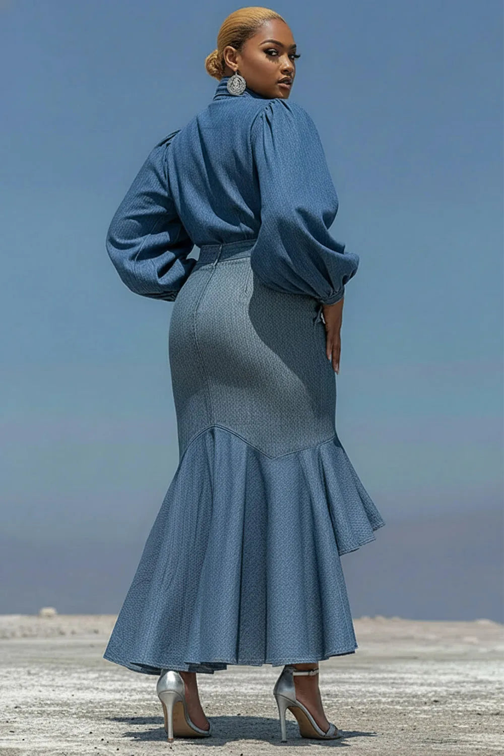 Plus Size Cocktail Party Blue Puff Sleeve Long Sleeve Bodycon Elegant Bow Tie Denim Two Piece Skirt Sets