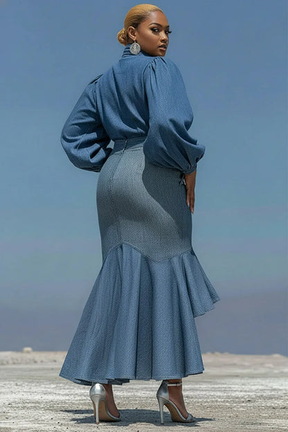 Plus Size Cocktail Party Blue Puff Sleeve Long Sleeve Bodycon Elegant Bow Tie Denim Two Piece Skirt Sets