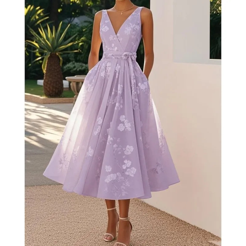 Summer Elegant Evening Party Dress 2025 Sexy V-neck Sleeveless Lace-up Chic Pleated Dresses Boho Womens A-Line Prom Dress Robe