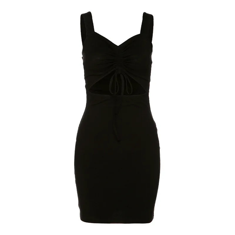 Summer Sexy Mini Dress Women Sleeveless Strap Streetwear Backless Folds Bodycon Black Dress Party Elegant A-LINE Dresses