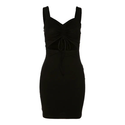 Summer Sexy Mini Dress Women Sleeveless Strap Streetwear Backless Folds Bodycon Black Dress Party Elegant A-LINE Dresses