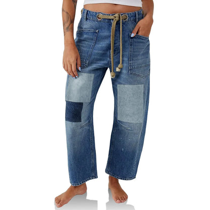 Jeans Women Denim Pants Straight Trousers Drawstring Long Pant Casual Loose Y2k Streetwear Button Pocket Splice Mom Jeans 2025