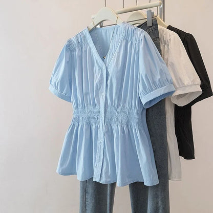 200 Pounds Plus Size Elastic Waist Office Lady Trend Shirt And Blouse Short Sleeve Solid Top  Women Clothing V-neck French Chic