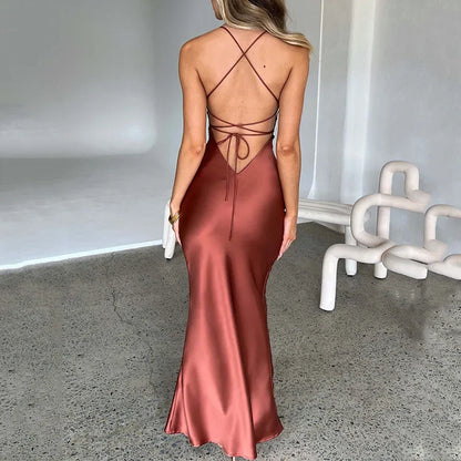 Sexy Spaghetti Strap Satin Dresses Women Elegant Backless Lace Up Mermaid Dress Woman Sleeveless Slim Bodycon Party Long Dress