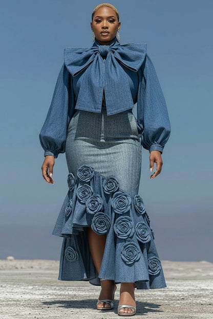 Plus Size Cocktail Party Blue Puff Sleeve Long Sleeve Bodycon Elegant Bow Tie Denim Two Piece Skirt Sets