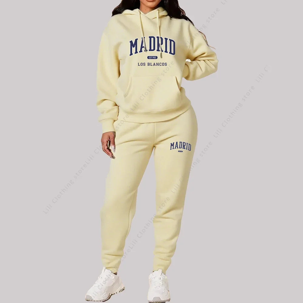 New Ladies TrackSuit Autumn Winter Hoodies Sweatshirts Sweatpants 2 Piece Outfits Madrid Print Trend Sportwear Women Pants Sets