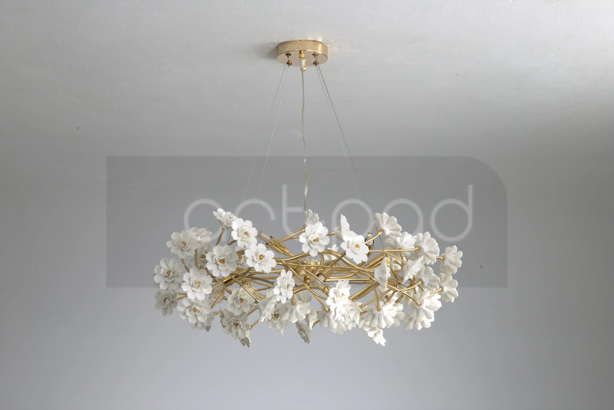 Gold Crystal Chandelier - Elegant Luxury Light Fixture with White Flower Design, 60cm & 80cm Sizes