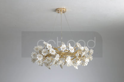 Gold Crystal Chandelier - Elegant Luxury Light Fixture with White Flower Design, 60cm & 80cm Sizes