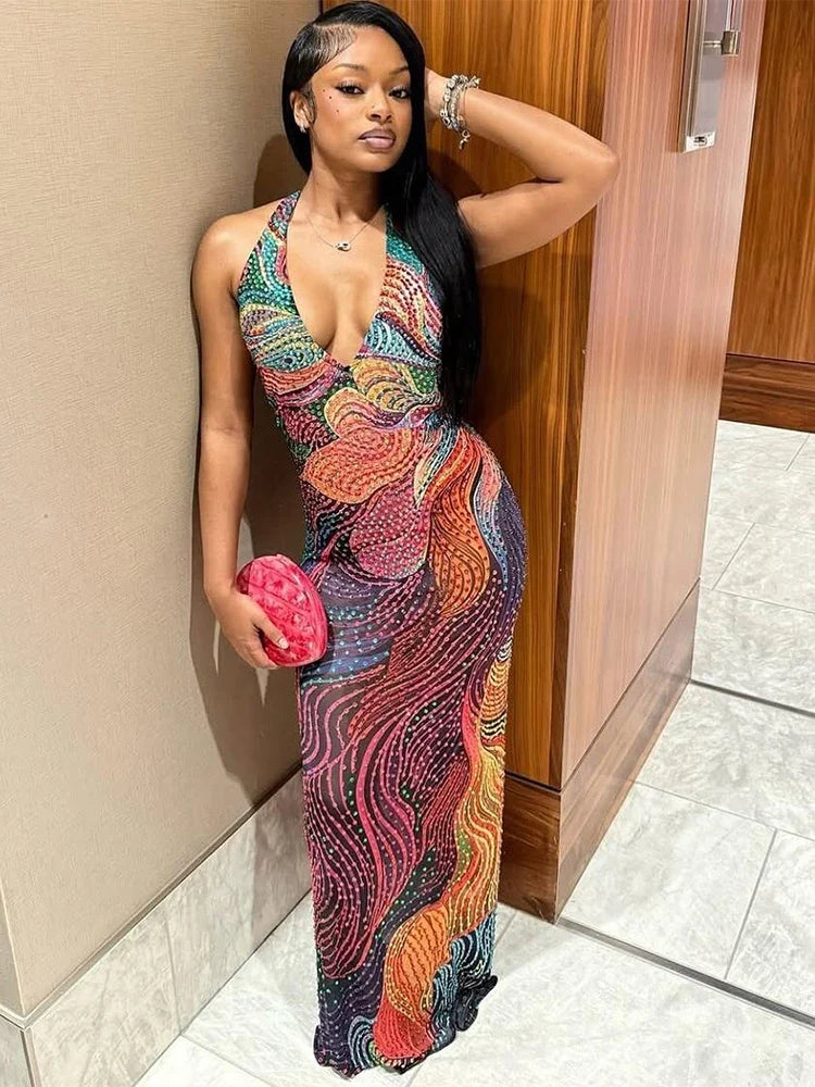 Nibber Sexy Fashion Long Dress Woman Colorful Print Halter Low-Neck Backless Sleeveless Splits Hem Midnight Club Party Vestidos