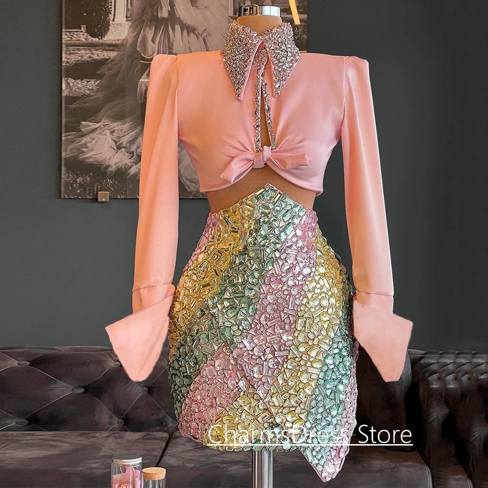 Exquisite Evening Dress Customized High Neck Long Sleeves Crystal Stone Two Piece Cocktail Party Gown Prom Dresses
