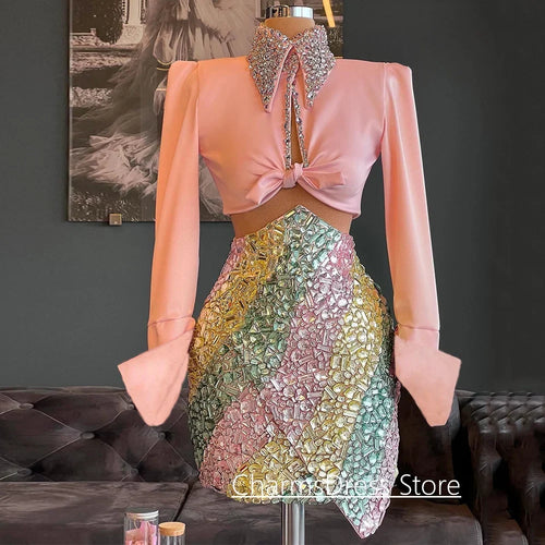 Exquisite Evening Dress Customized High Neck Long Sleeves Crystal Stone Two Piece Cocktail Party Gown Prom Dresses