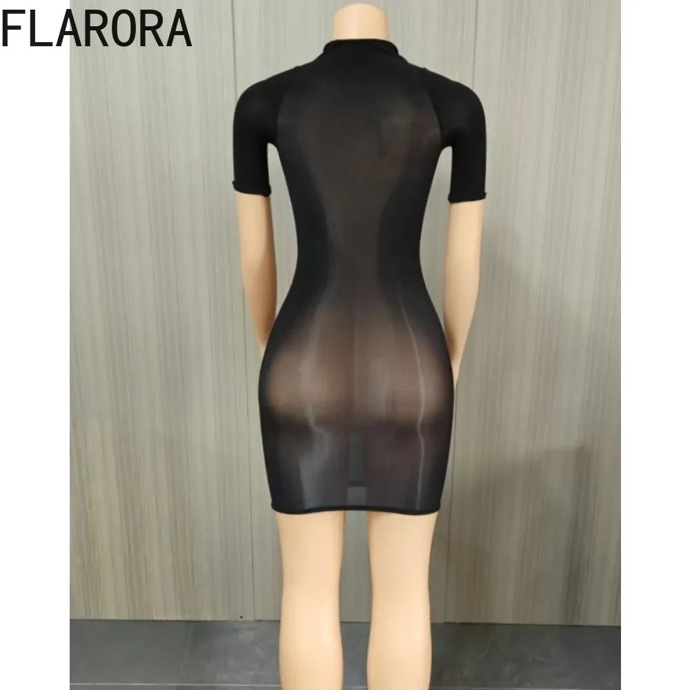 FLARORA Sexy See Through Mini Dress Woman Solid Color O-Neck Short Sleeves Skinny Peach Hip Elastic Clubwear Midnight Bodycon