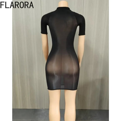 FLARORA Sexy See Through Mini Dress Woman Solid Color O-Neck Short Sleeves Skinny Peach Hip Elastic Clubwear Midnight Bodycon