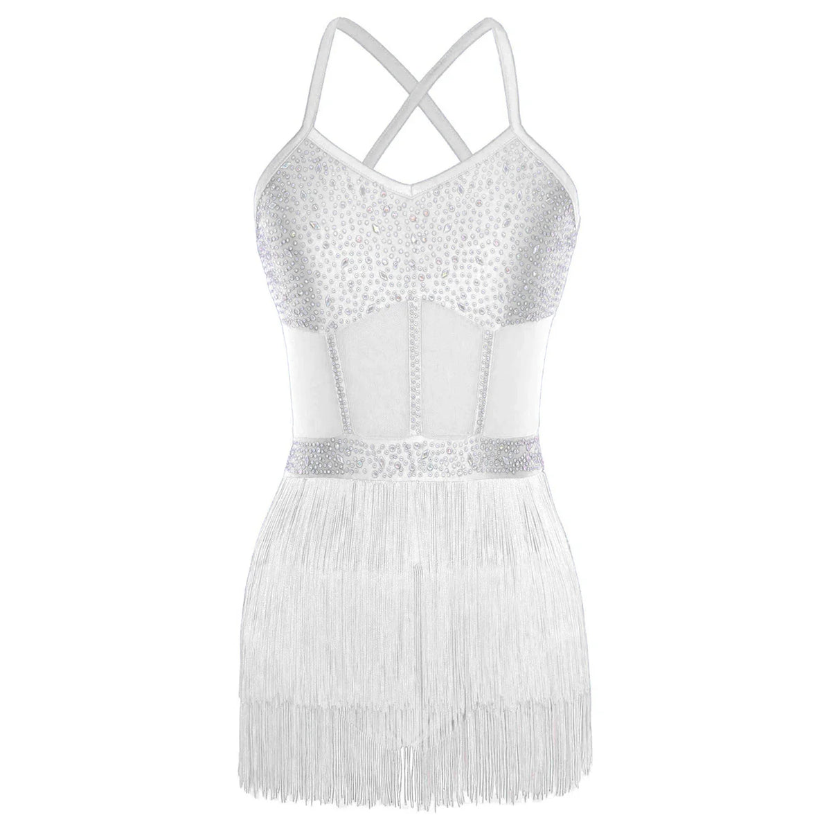 Womens Latin Dance Dress Sheer Mesh Patchwork Tiered Tassel Bodysuit Dress and Gloves for Tango Samba Dance Ballroom Dancewear