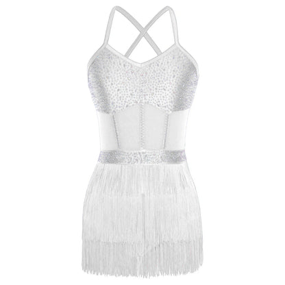 Womens Latin Dance Dress Sheer Mesh Patchwork Tiered Tassel Bodysuit Dress and Gloves for Tango Samba Dance Ballroom Dancewear