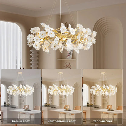 Gold Crystal Chandelier - Elegant Luxury Light Fixture with White Flower Design, 60cm & 80cm Sizes