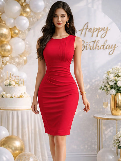 Women Elegant Crew Neck Sleeveless Ruched Slim Work Office Cocktail Party Knee Length Sheath Bodycon Pencil Slim Dress