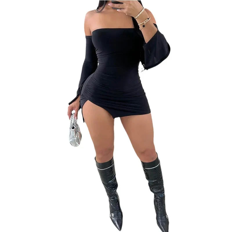 Women's Black Strapless Backless Mini Dress Off-Shoulder Long Sleeve Bodycon Club Party Dress for Women