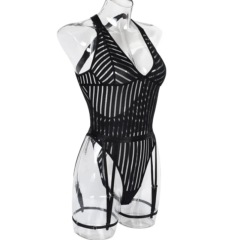 Striped Lace Patchwork Sexy Bodysuit for Women Bodycon Spaghetti Straps Backless Lingerie Body with Garters Nightclub Outfits