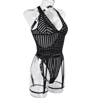Striped Lace Patchwork Sexy Bodysuit for Women Bodycon Spaghetti Straps Backless Lingerie Body with Garters Nightclub Outfits