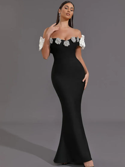 Women Celebrity Sexy Off Shoulder Flower Black Maxi Long Bodycon Bandage Dress 2024 Knitted Elegant Evening Club Party Outfit