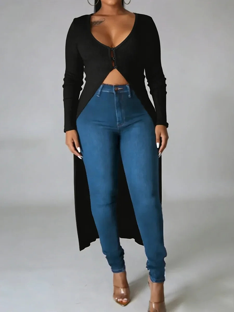 Plus Size Women's T-Shirt V Neck Long Sleeve Buttoned Ribbed Long Tops Sexy Shirt Spring Summer Chic T-Shirt Party Stretchy Tops