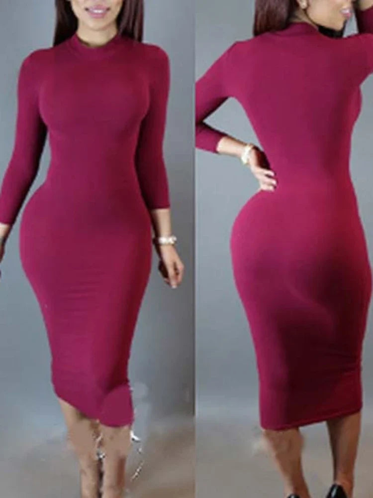 Sexy Solid Color Elastic Slim Bodycon Dress Women Long Sleeves Girdling Waist Skinny Dress Elegant Club Party Vestidos
