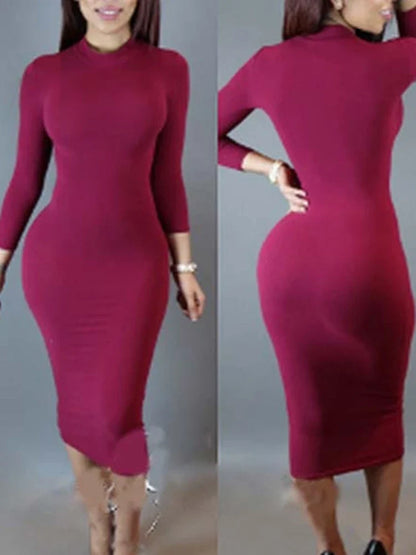 Sexy Solid Color Elastic Slim Bodycon Dress Women Long Sleeves Girdling Waist Skinny Dress Elegant Club Party Vestidos