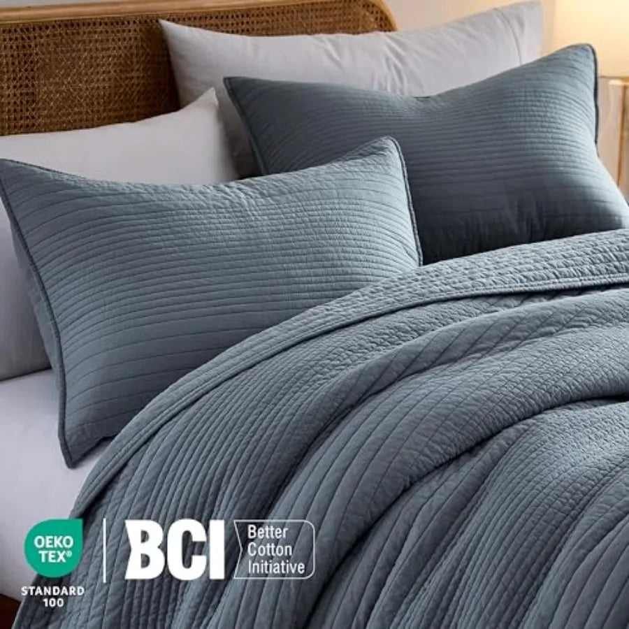 Blue-Grey Farmhouse Cotton Quilt Set – Lightweight All-Season Coverlet