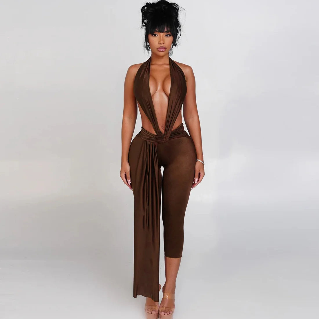 Sexy Halter V Neck Jumpsuits 2025 Women Summer Club Elegant Bodycon Luxury One Piece Party Shiny Jumpsuit Bodysuit Playsuit