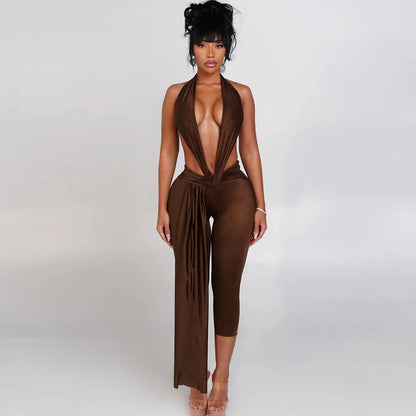 Sexy Halter V Neck Jumpsuits 2025 Women Summer Club Elegant Bodycon Luxury One Piece Party Shiny Jumpsuit Bodysuit Playsuit